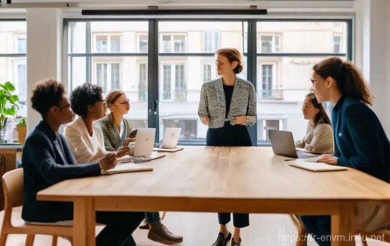환경관리사 시험 준비 시 유용한 커뮤니티 - **Prompt:** A dynamic, wide-angle shot inside a modern, naturally lit co-working space in a French c...